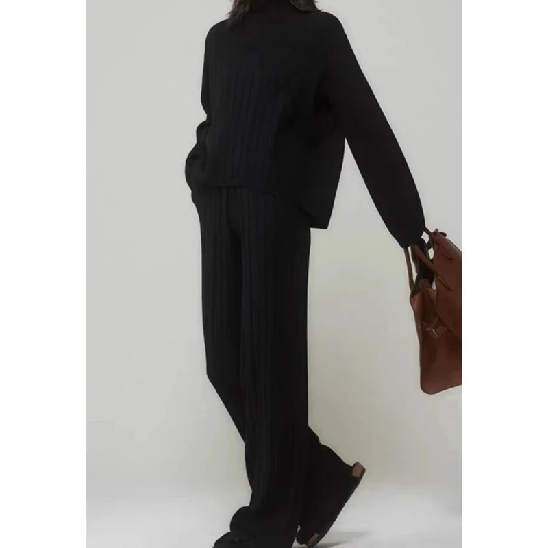 Women's White Knitted Turtleneck & Jogger Pant 2-Piece Set