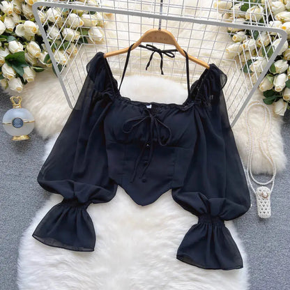 Halter Backless Blouse with Ruffle Flare Sleeves - Loran
