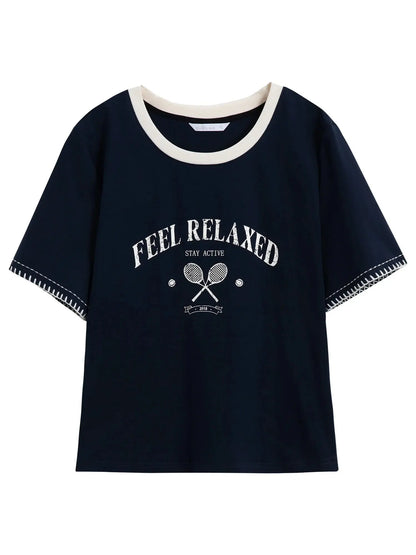 Women's Summer Contrast-Stitch Cotton Tee LORAN STORE