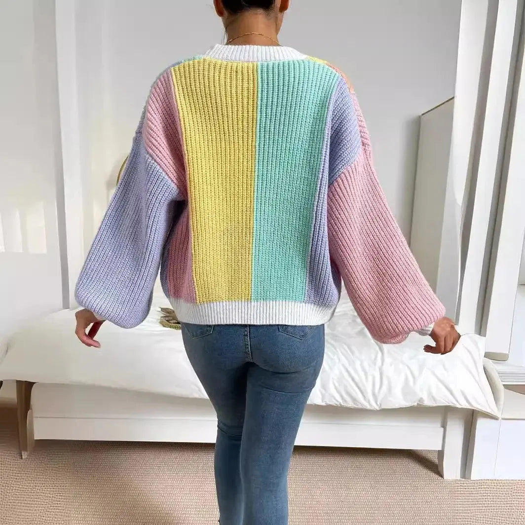 Fashionable Multi-Bar Color Block Sweater Top - Loran