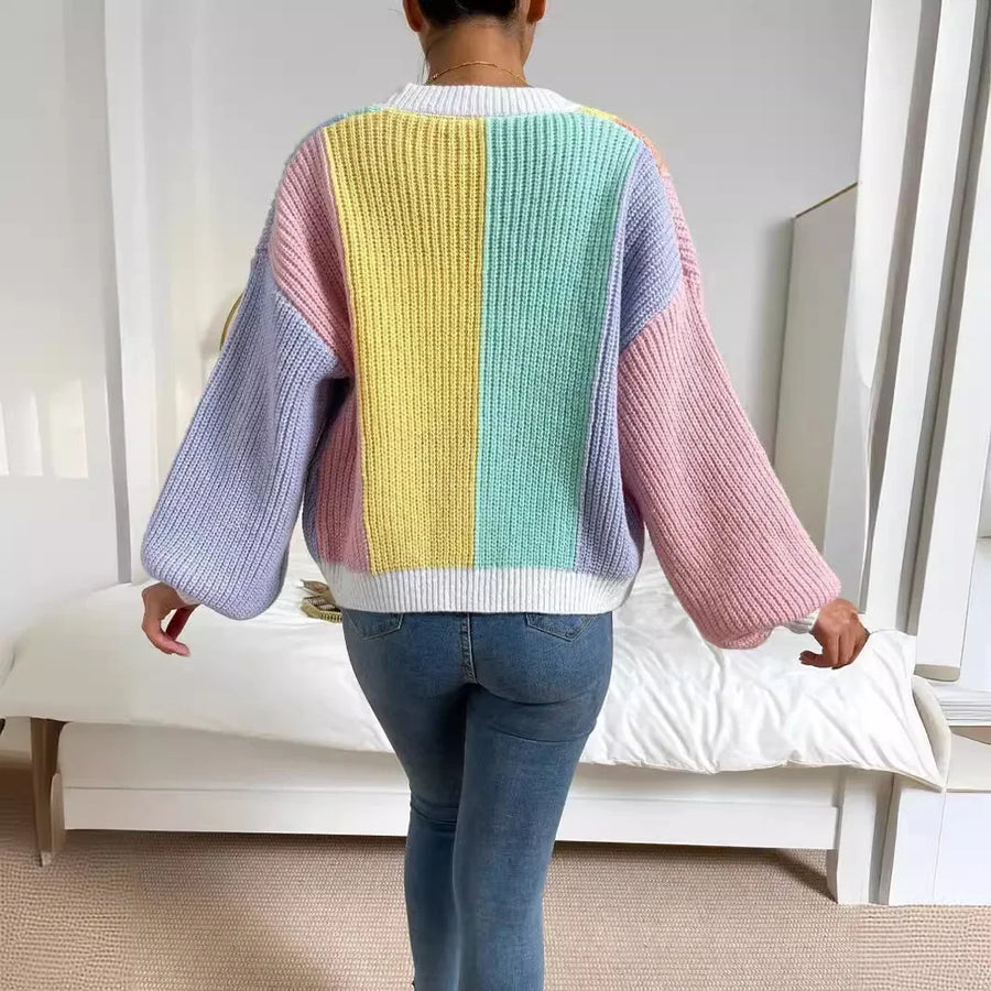 Fashionable Multi-Bar Color Block Sweater Top
