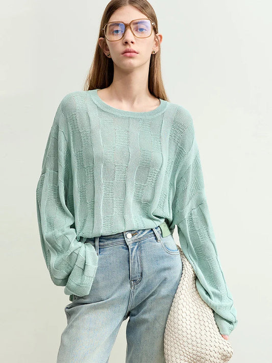 AMII Minimalism Knit Sweaters Women 2025 Spring New Round Neck Hollowed Out Dopamine Loose Drop Sleeves Commuter Tops 12451073 Loran