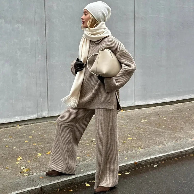 Chic Knitted Sweater and Wide-Leg Trousers Set - Loran