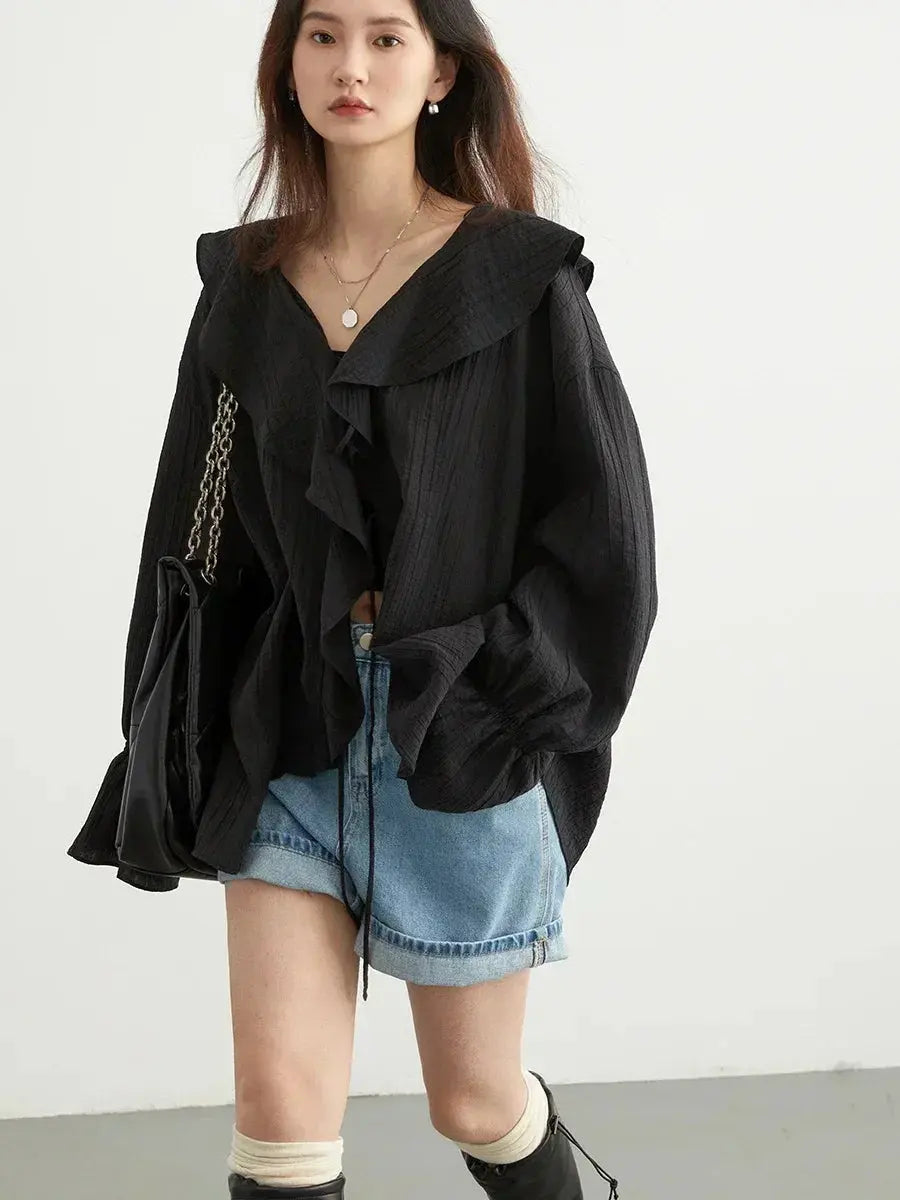 V-Neck Lace-Up Blouse with Ruffled Edges and Loose Fit - Loran