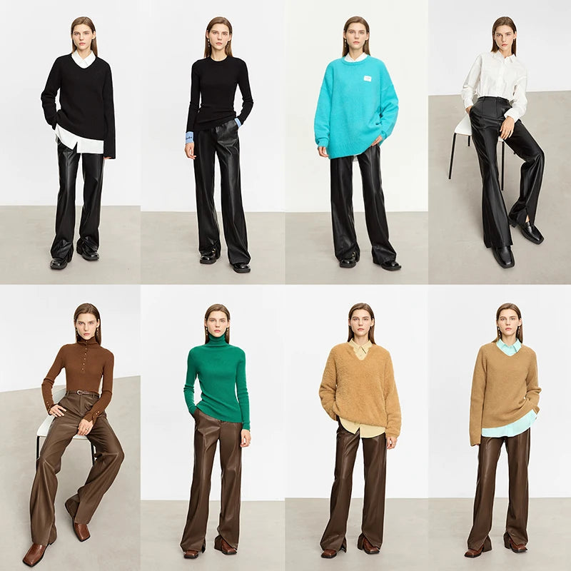 AMII Minimalist PU Leather Casual Pants for Women 2025 Autumn New Loose Floor Length Straight Slit Female Trousers 12343250 Loran