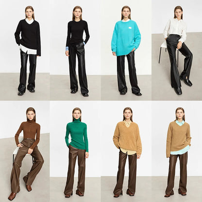AMII Minimalist PU Leather Casual Pants for Women 2025 Autumn New Loose Floor Length Straight Slit Female Trousers 12343250 Loran