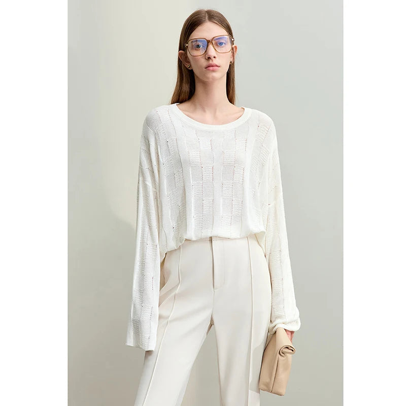 AMII Minimalism Knit Sweaters Women 2025 Spring New Round Neck Hollowed Out Dopamine Loose Drop Sleeves Commuter Tops 12451073 Loran