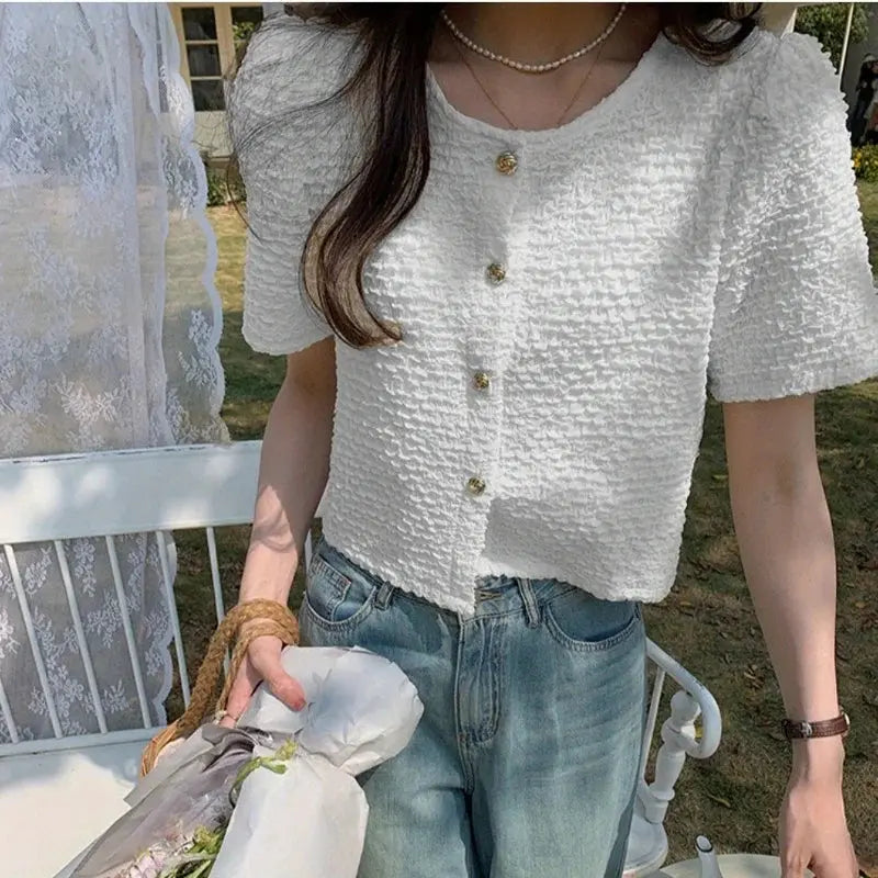 Chic White Summer Blouse - Sweet O-Neck Style - Loran