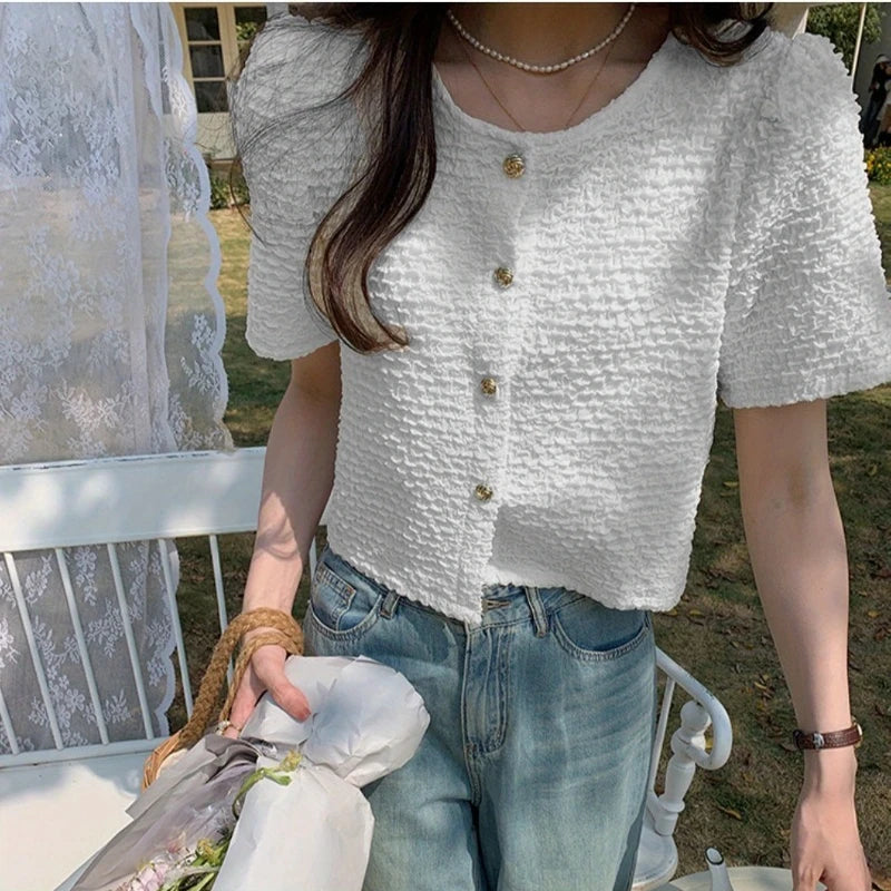 Chic White Summer Blouse - Sweet O-Neck Style