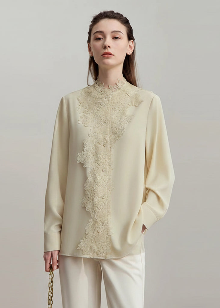 AMII Women's Shirt 2025 Autumn Blouse Lace Splicing Loose Long Sleeve Chiffon Blouse Elegant Ladies Tops Woman Clothing 12543063 Loran
