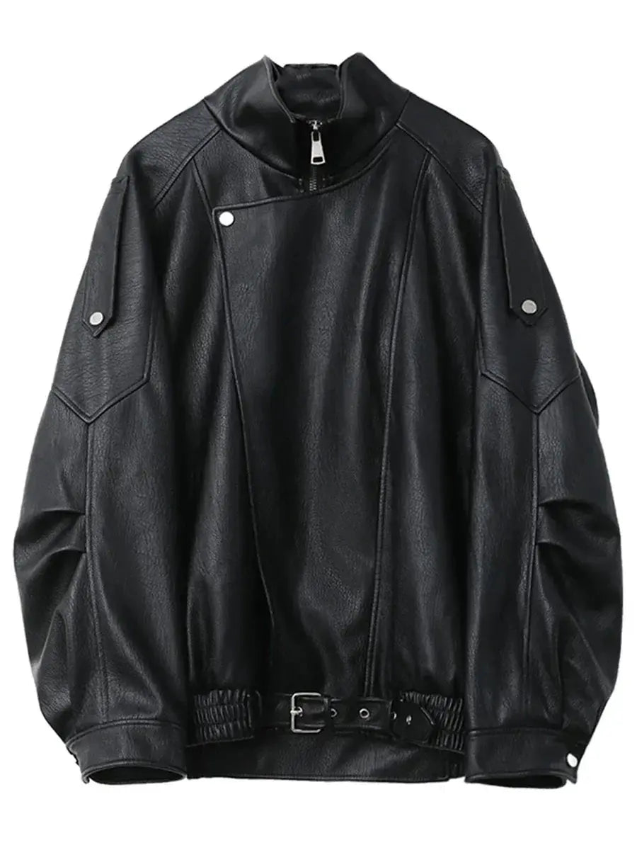 Chic Faux Leather Standing Collar Jacket - Loran
