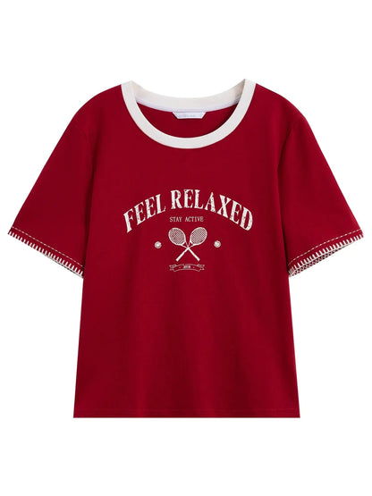 Women's Summer Contrast-Stitch Cotton Tee LORAN STORE