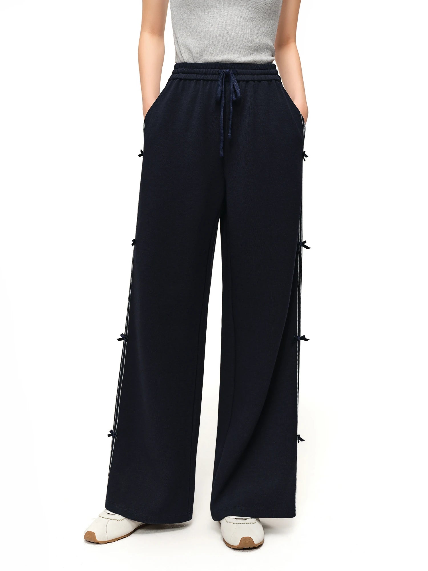 DUSHU 【Tie of Hearts】Sweet & Chic Bow-Decorated Wide Leg Pants New Spring 2026 Collection Women's High-Waisted Casual Pants Loran