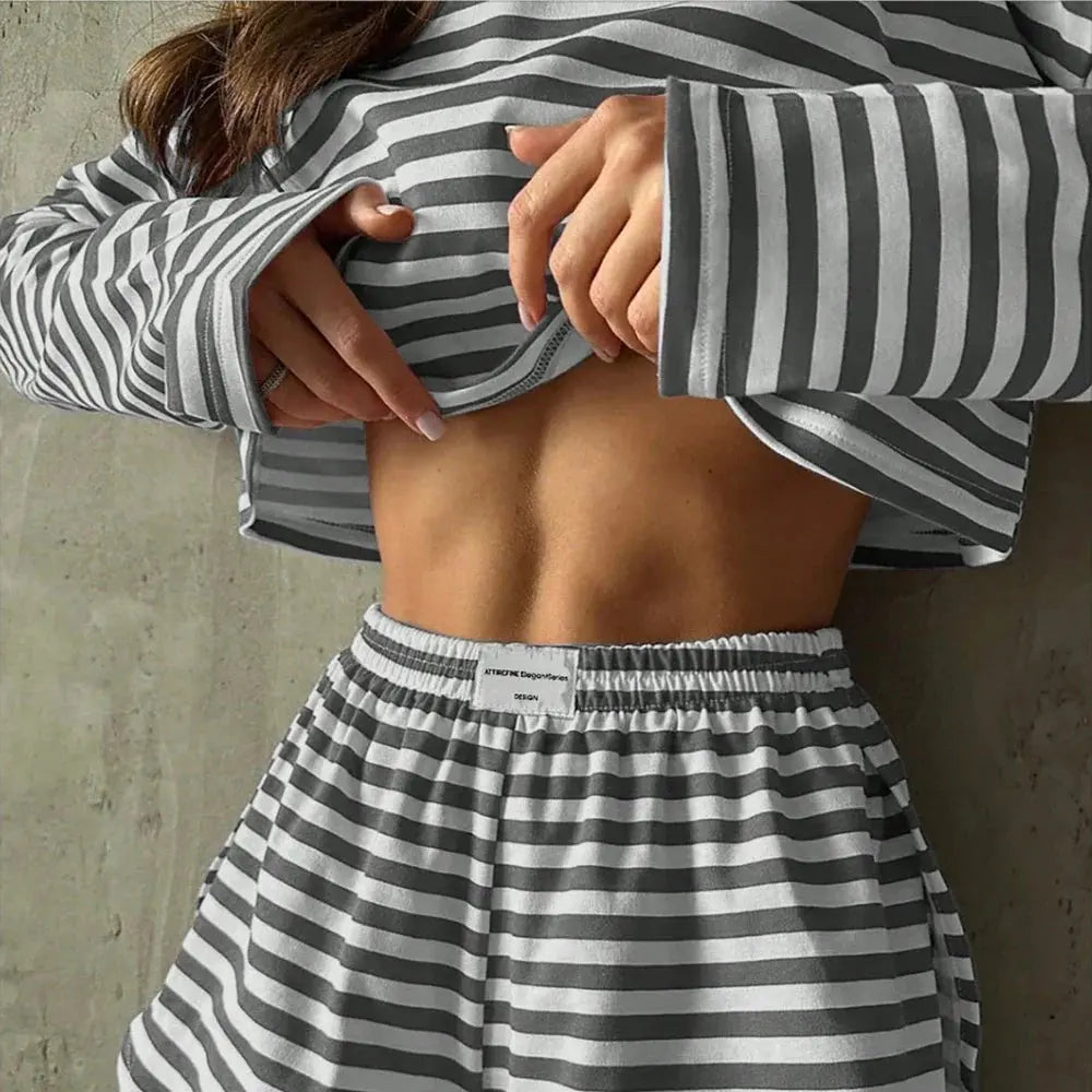 Striped Pajama Set: Long-Sleeve Top & Shorts - Loran