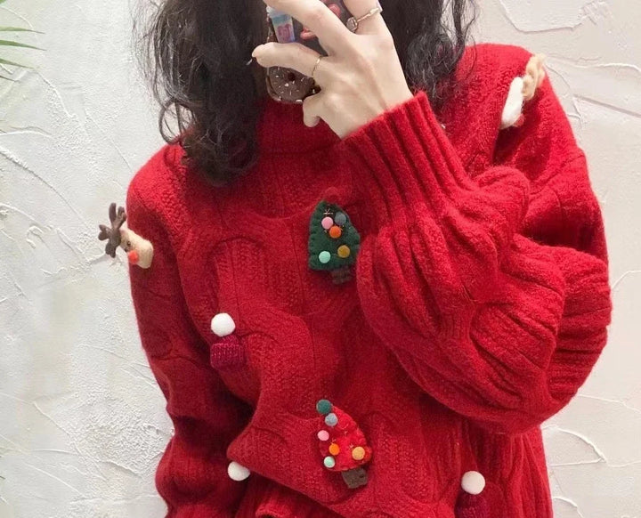 Christmas Tree Appliques Loose Pullovers Long Sleeve Knitted Sweaters - 3IN SMART Shop  #