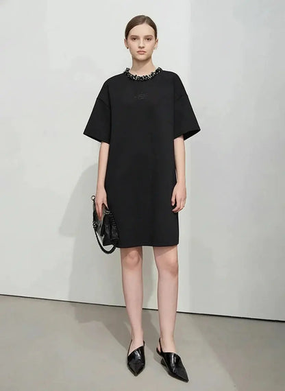 Elegant Mid-Length Knit Dress with Short Sleeves - Loran