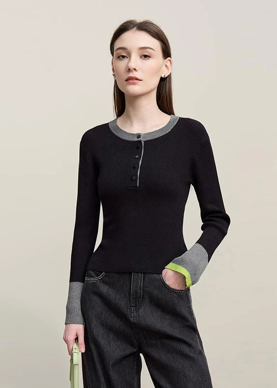 Amii Women's Sweater 2026 Spring New Commuter Round Neck Contrasting Color Knitted Sweater Button Half-placket Slim Top 12621047 Loran