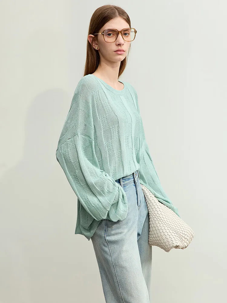 AMII Minimalism Knit Sweaters Women 2025 Spring New Round Neck Hollowed Out Dopamine Loose Drop Sleeves Commuter Tops 12451073 Loran