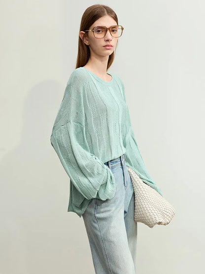 AMII Minimalism Knit Sweaters Women 2025 Spring New Round Neck Hollowed Out Dopamine Loose Drop Sleeves Commuter Tops 12451073 Loran