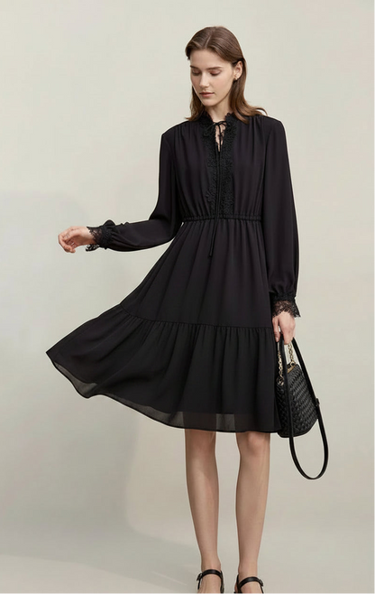 Amii Dresses For Woman 2026 Spring New Elegant Lace Splicing Strap Dress Women's Rubber Waist-fitted Chiffon Midi Skirt 12611020 Loran