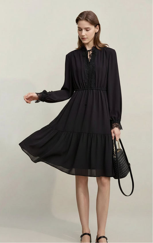 Amii Dresses For Woman 2026 Spring New Elegant Lace Splicing Strap Dress Women's Rubber Waist-fitted Chiffon Midi Skirt 12611020 Loran