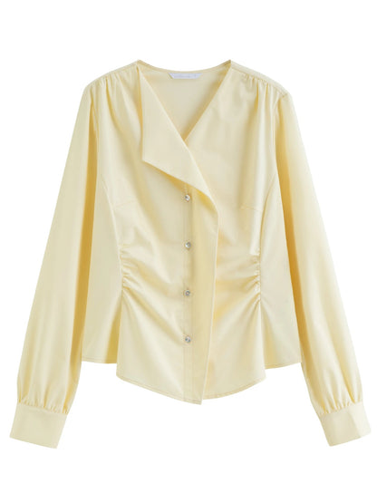 Women’s Asymmetrical V-Neck Blouse Slim Fit Office Top Loran