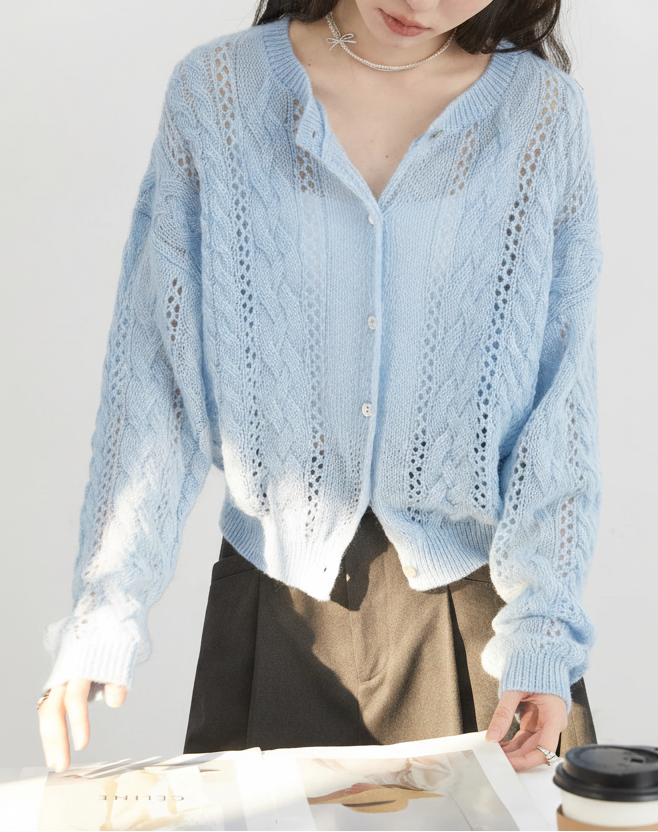 Mohair Hollow Knit Cardigan Loose Casual Short Jumper