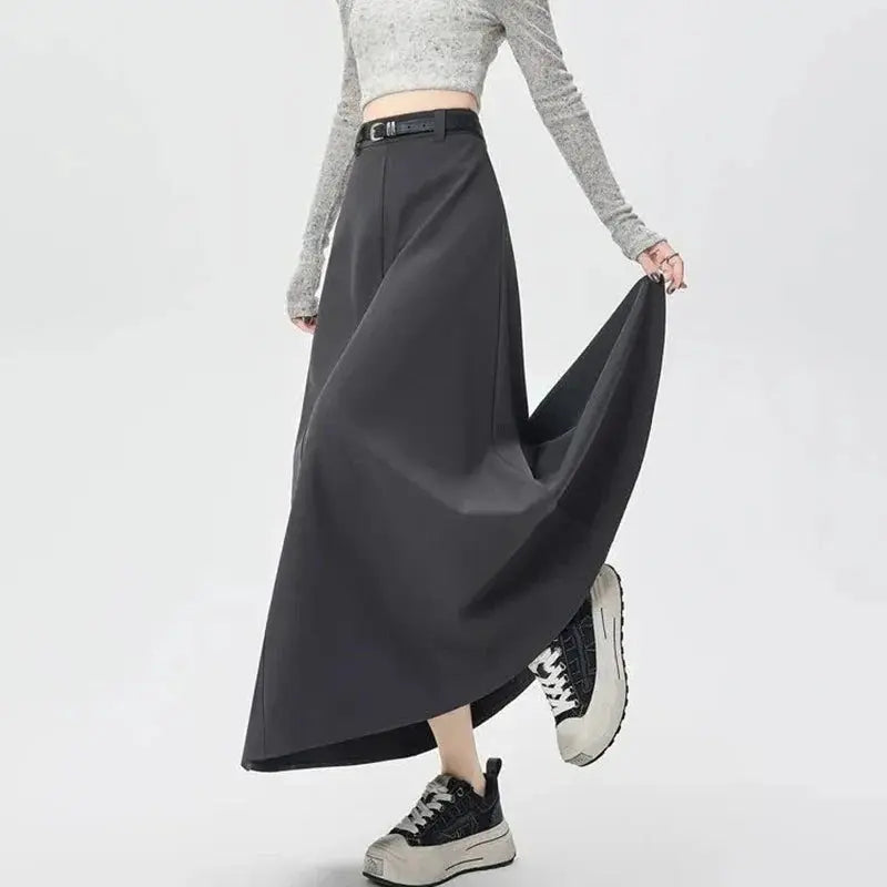 High-Waist A-Line Pleated Midi Skirt with Tie Belt - Loran