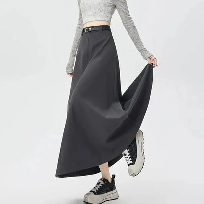 High-Waist A-Line Pleated Midi Skirt with Tie Belt - Loran