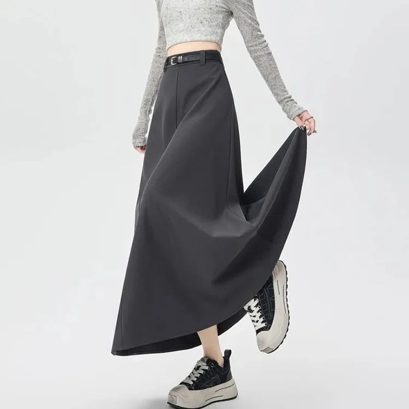 High-Waist A-Line Pleated Midi Skirt with Tie Belt