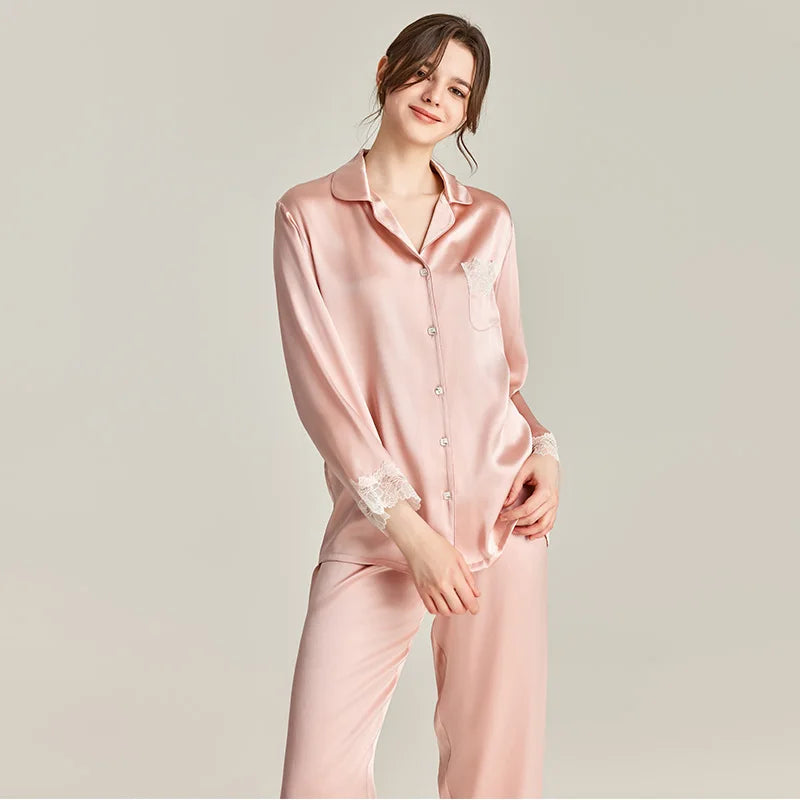 22MM 100% Real Silk Pajama Loungewear Lace Trim Lapel Sleepwear Pyjamas Set Solid Color Long Sleeve Button Pajamas for Women PJS Loran