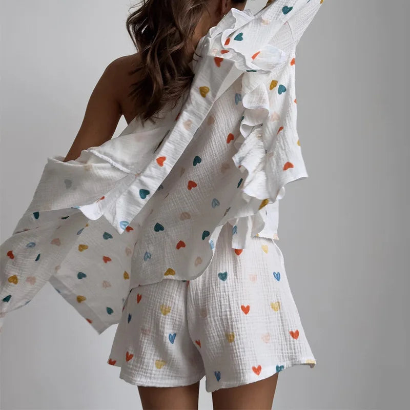 Women’s Love Print Cotton Linen Pajama Set with Shorts Loran