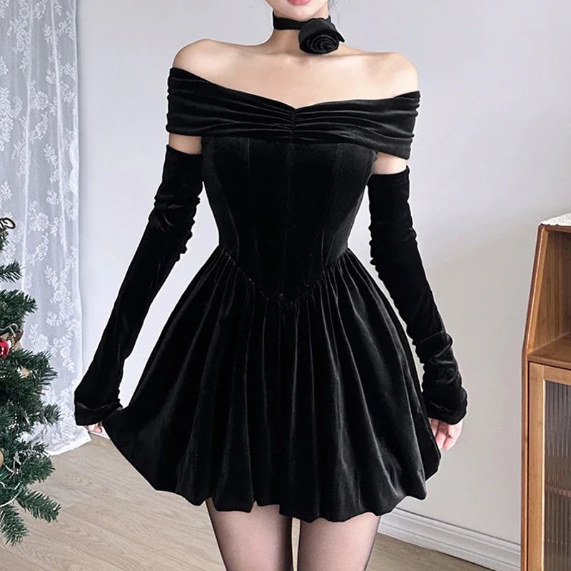 Elegant Velvet Party Dress with Off-Shoulder Ruched Detail