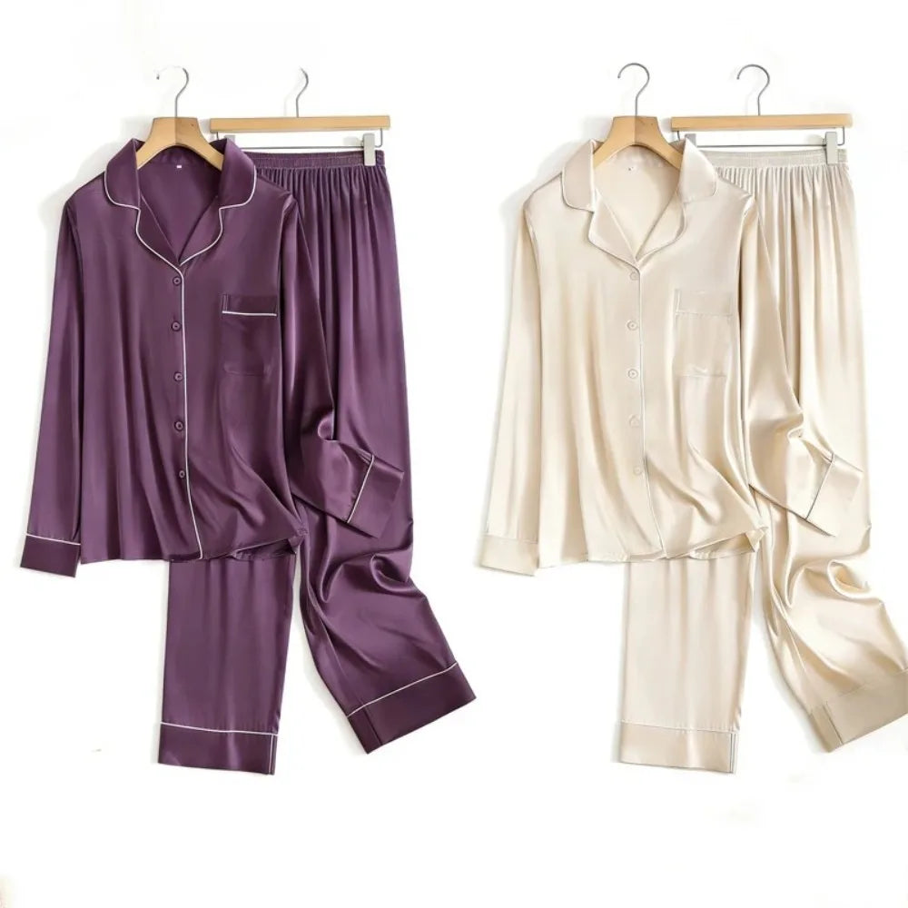 Mulberry Silk Pajama Set Plain Satin Long Pants Loran