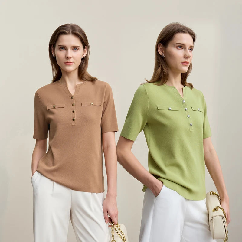 Amii Women's Sweater 2026 Spring New Elegant Knitted Straight Sweater Women's Pullover Half-placket Short-sleeved Top 12621045 Loran