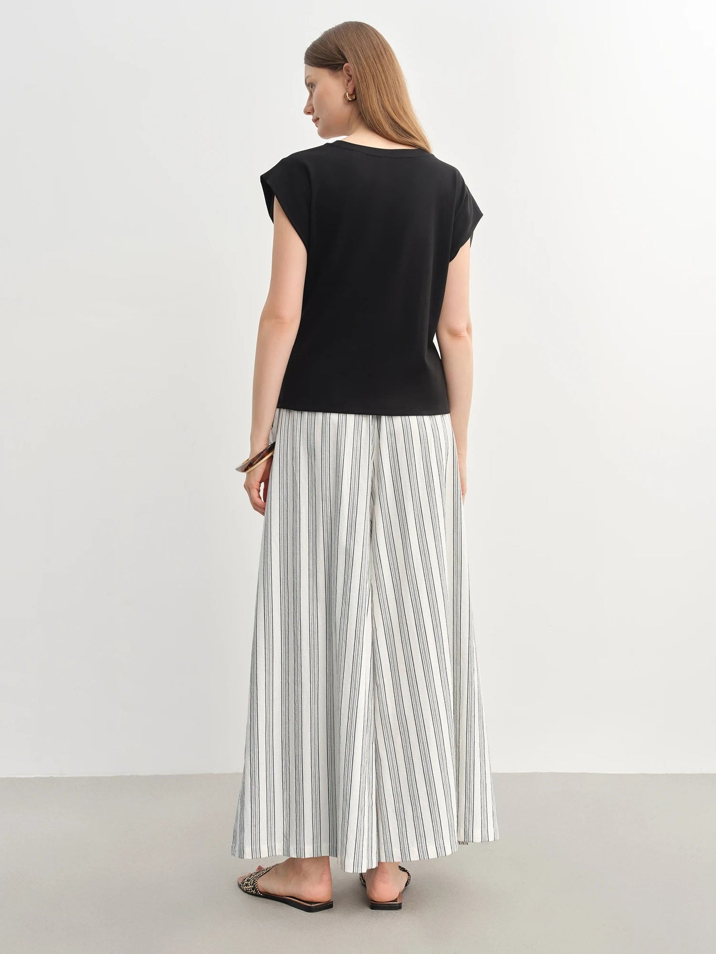 Cotton-Linen Wide Leg Pants Striped Resort Wear Loran