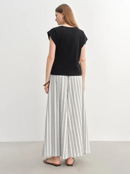 Cotton-Linen Wide Leg Pants Striped Resort Wear Loran