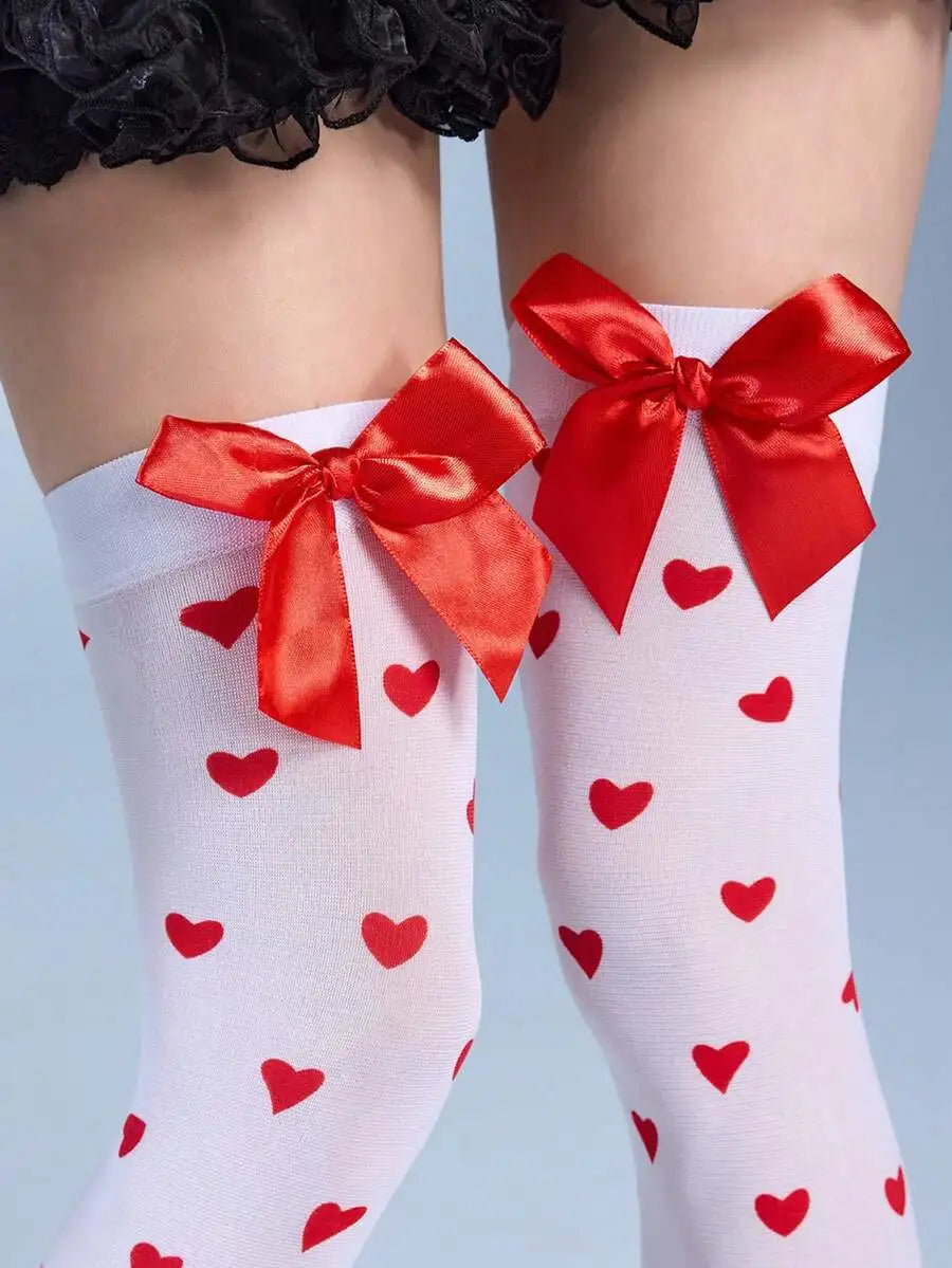 Black Pink Bone Over-the-Knee Socks with Bows