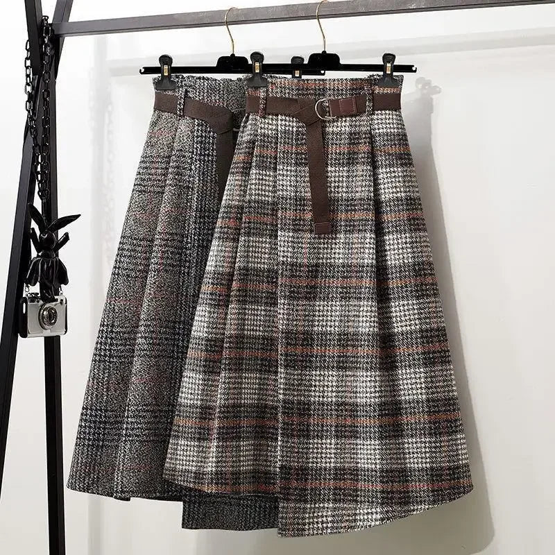 Irregular Hem Wool-Blend Plaid Midi Skirt