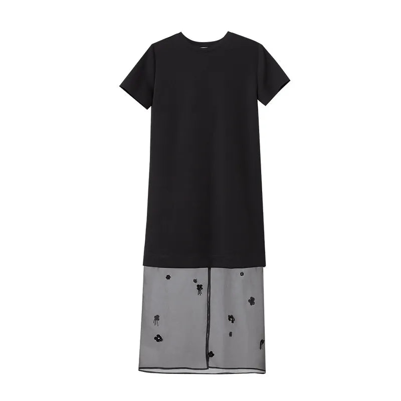 Amii Long Dresses 2026 Spring New Round Neck Short Sleeve Patchwork Women's Dress Removable Organza Elegant Dress Women 12651024 Loran