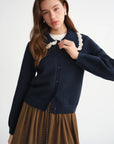 Embroidered Knit Cardigan with Lace Trim and Collar