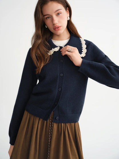 Floral Embroidered Cardigan Sweet Lace Trim Knit Loran