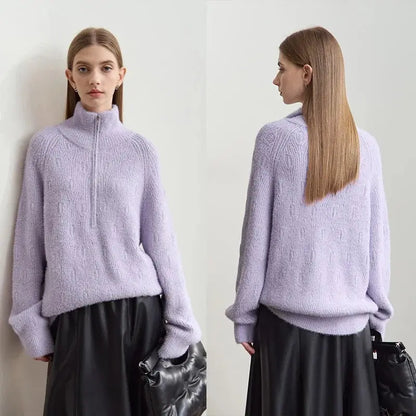 Women's Loose Fit Turtleneck Sweater with Quarter-Zip - Loran