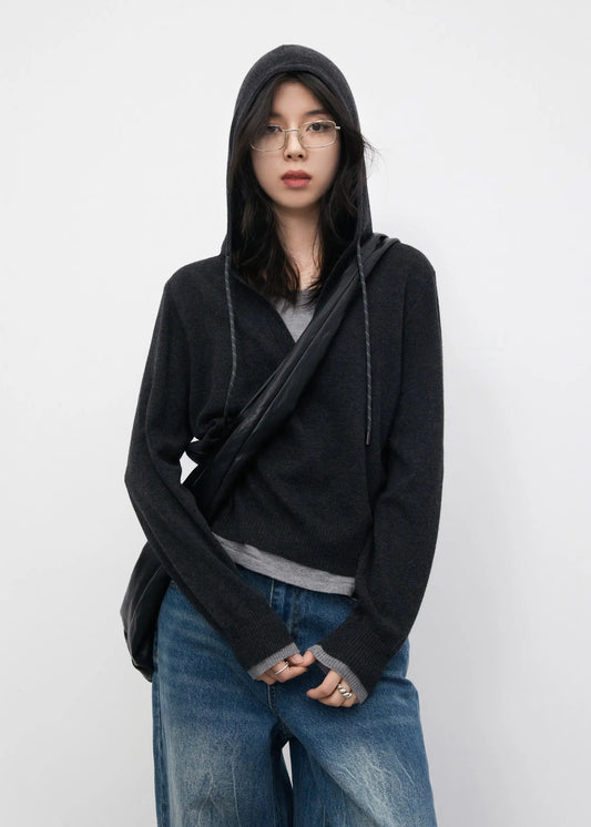 Casual Contrast Color Hooded Pullover - Loose Knit Sweater Loran