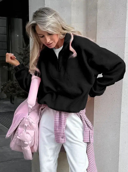 Solid Color Zip-Up Sweatshirt - Loran