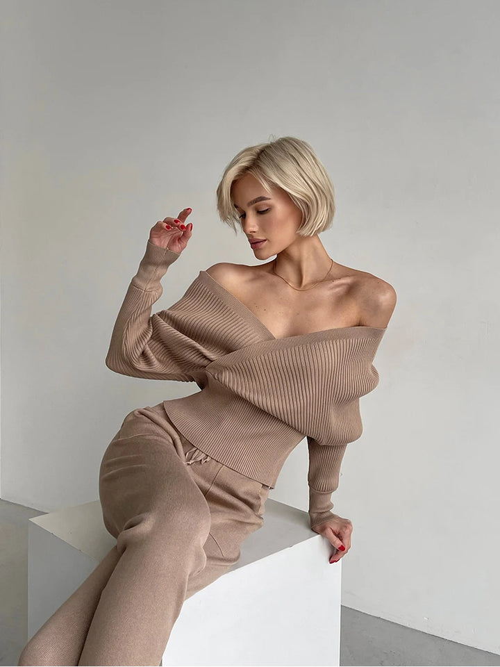Sexy Off Shoulder Knitted Two Piece Set Women Long Sleeve - 3IN SMART Shop  #