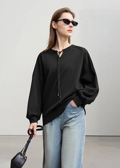 Amii Woman Sweatshirts 2026 Spring New Casual Cotton Collision Splicing Strap Women's Sweater Loose Long Sleeve Tops 12621029 Loran