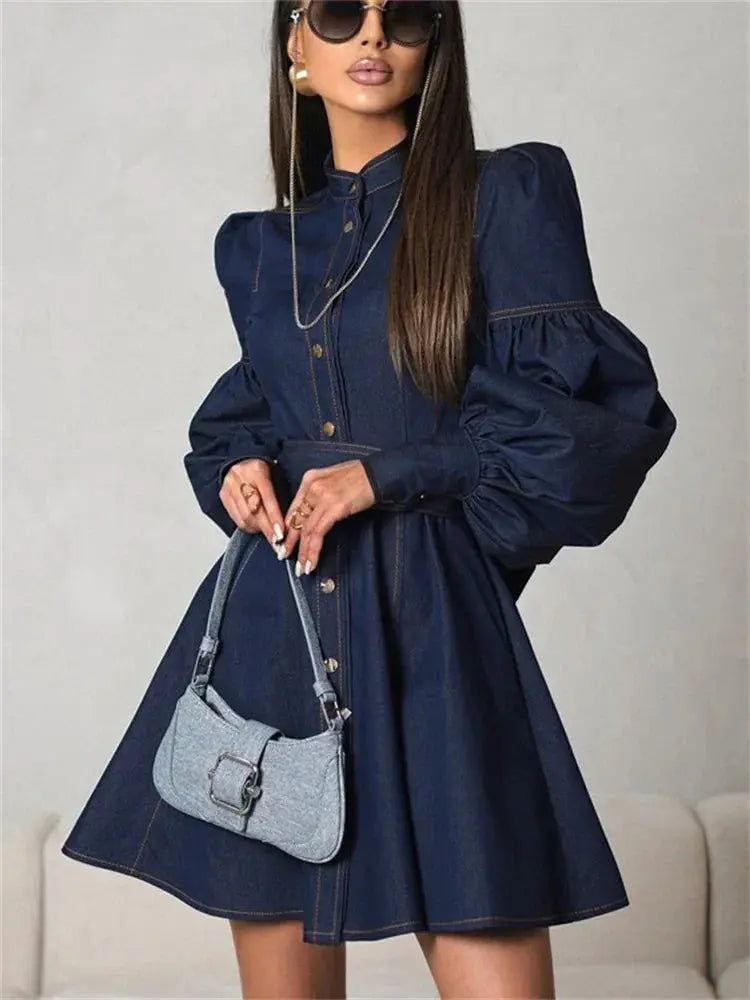 Lace-Up Patchwork Denim Mini Dress - Loran