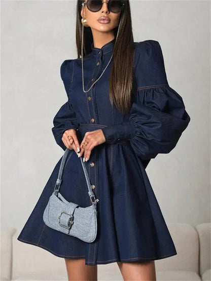 Lace-Up Patchwork Denim Mini Dress - Loran