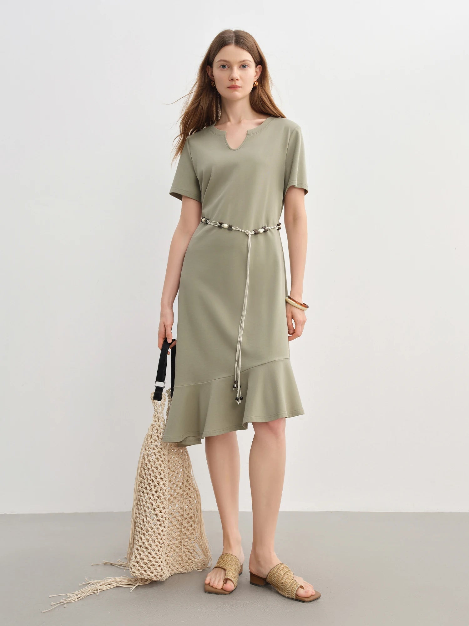 Drawstring A-Line Midi Dress Casual Summer Elegance Loran